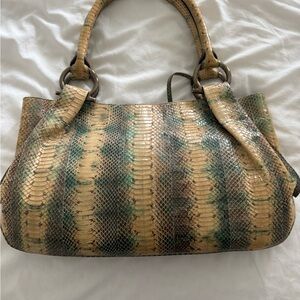 Salvatore Ferragamo hand painted Tan and Green hand bag made of water snake skin
